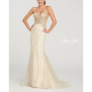 Ellie Wilde Mon Cheri Cream Beaded Mermaid Formal Dress Womens 00